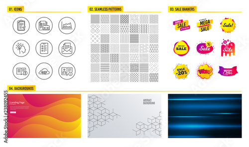 Seamless pattern. Shopping sale banners. Set of Approved checklist, Trade chart and Facts icons. Checklist, Idea and Vacancy signs. Quick tips, Mail correspondence and Technical algorithm symbols