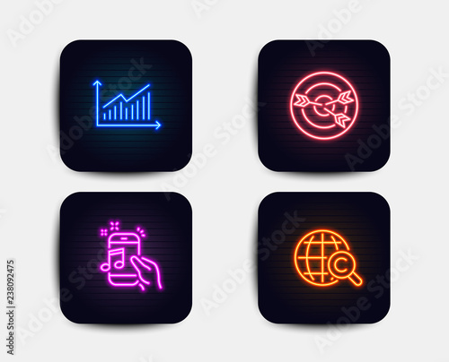 Neon glow lights. Set of Graph, Music phone and Targeting icons. International Ð¡opyright sign. Presentation diagram, Radio sound, Target with arrows. World copywriting.  Neon icons. Vector