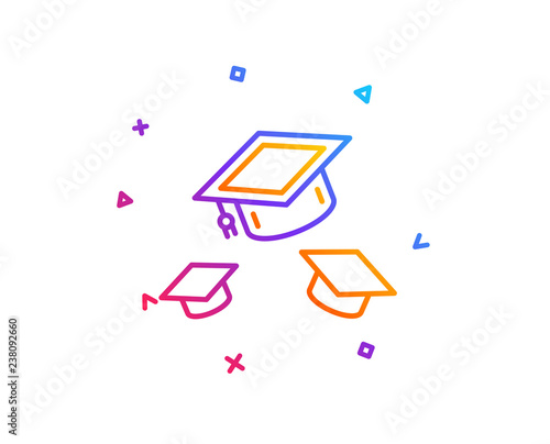 Graduation caps line icon. Education sign. Student hat symbol. Gradient line button. Throw hats icon design. Colorful geometric shapes. Vector