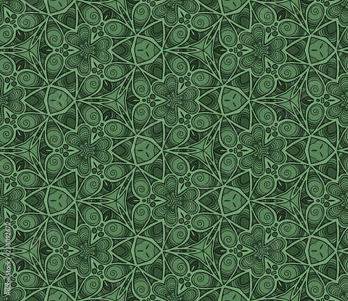 Seamless hexagonal pattern from geometrical abstract floral ornaments in green shades on a dark background. Vector illustration. Suitable for fabric, wallpaper and wrapping paper