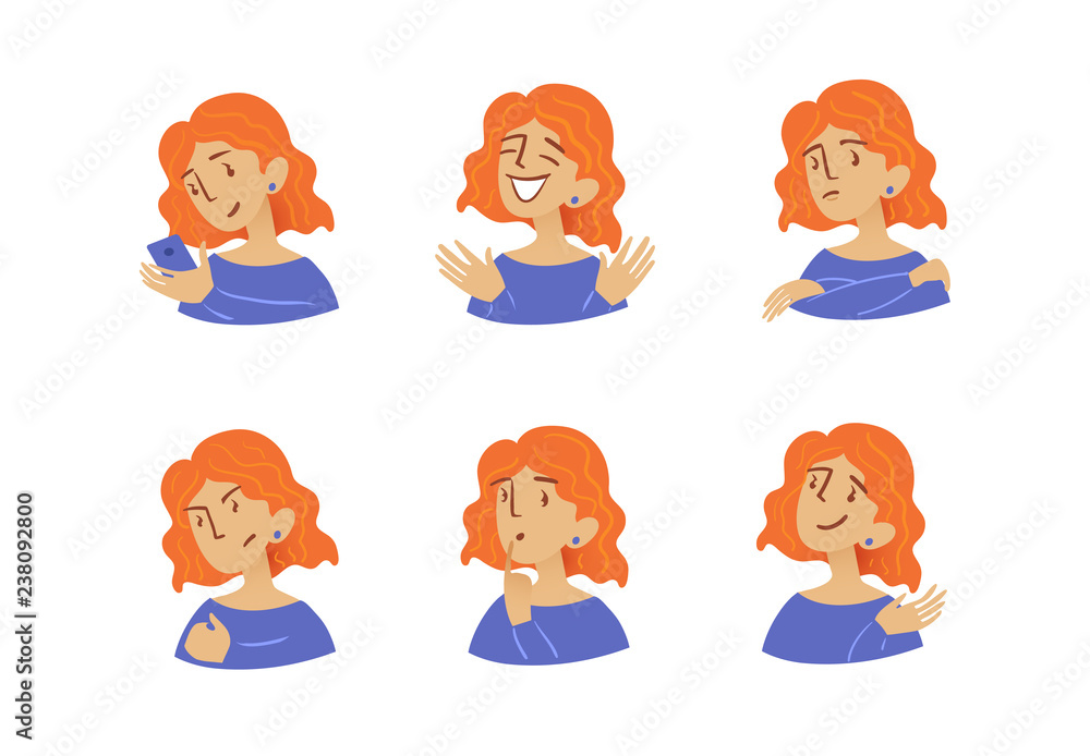 Set of woman's emotions. Facial expression. Redhead girl avatar. Vector illustration of a flat design Set of woman's emotions. Facial expression. Redhead girl avatar. Vector illustration of a flat design