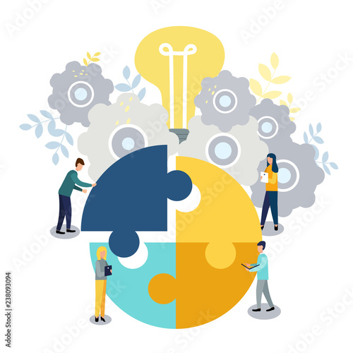A group of businessmen involved in puzzle pieces, is to support the team, brainstorm or success,
