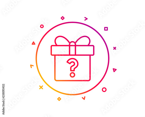 Gift box with Question mark line icon. Present or Sale sign. Birthday Shopping symbol. Package in Gift Wrap. Gradient pattern line button. Secret gift icon design. Geometric shapes. Vector