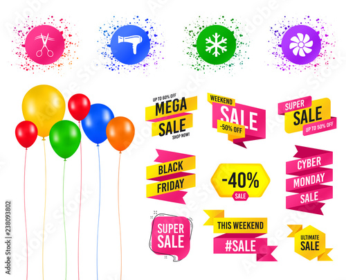 Balloons party. Sales banners. Hotel services icons. Air conditioning, Hairdryer and Ventilation in room signs. Climate control. Hairdresser or barbershop symbol. Birthday event. Trendy design. Vector