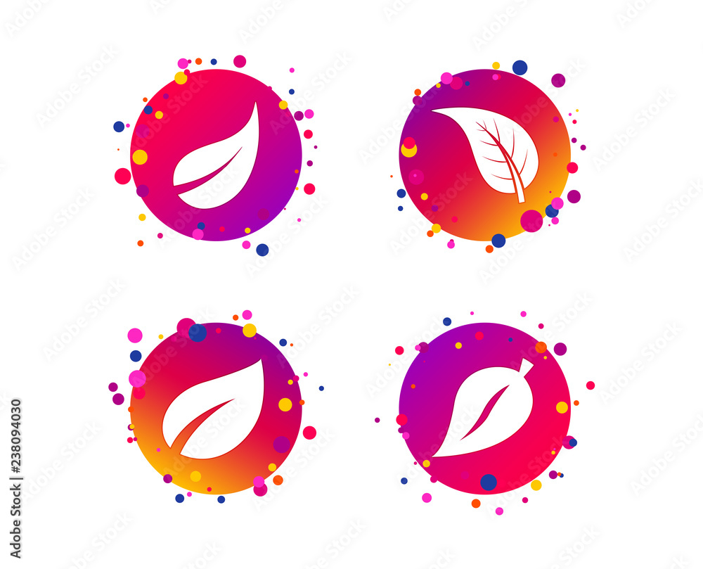 Leaf icon. Fresh natural product symbols. Tree leaves signs. Gradient circle buttons with icons. Random dots design. Vector Leaf icon. Fresh natural product symbols. Tree leaves signs. Gradient circle buttons with icons. Random dots design. Vector