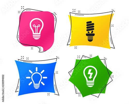 Light lamp icons. Fluorescent lamp bulb symbols. Energy saving. Idea and success sign. Geometric colorful tags. Banners with flat icons. Trendy design. Vector