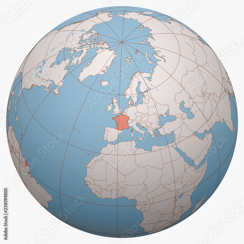 France on the globe. Earth hemisphere centered at the location of the French Republic. France map.