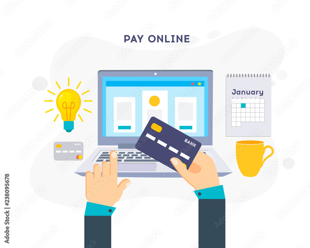 Illustration with desk and laptop. Flat design vector illustration of workstation. Computer desk Illustration with desk and laptop. Flat design vector illustration of workstation. Computer desk
