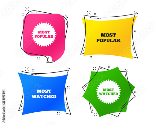 Most popular star icon. Most watched symbols. Clients or users choice signs. Geometric colorful tags. Banners with flat icons. Trendy design. Vector