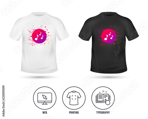 T-shirt mock up template. Music notes sign icon. Musical symbol. Realistic shirt mockup design. Printing, typography icon. Vector