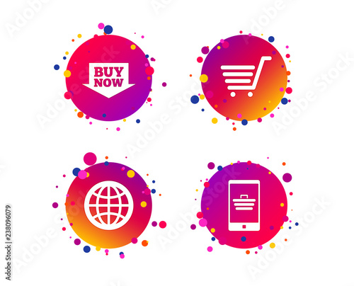 Online shopping icons. Smartphone, shopping cart, buy now arrow and internet signs. WWW globe symbol. Gradient circle buttons with icons. Random dots design. Vector