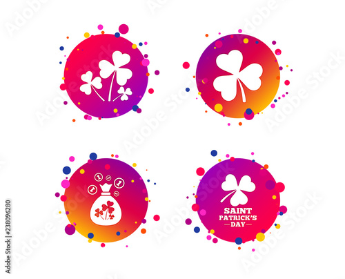 Saint Patrick day icons. Money bag with clover and coins sign. Trefoil shamrock clover. Symbol of good luck. Gradient circle buttons with icons. Random dots design. Vector
