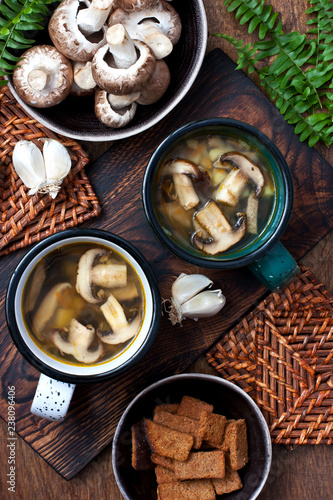 Tasty mushroom soup in ceramic bowl