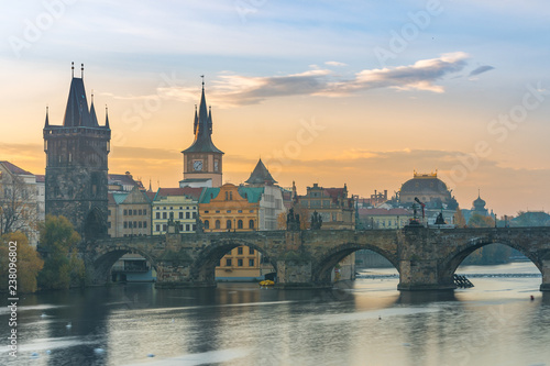 prague river bank and old town at background  czech republic