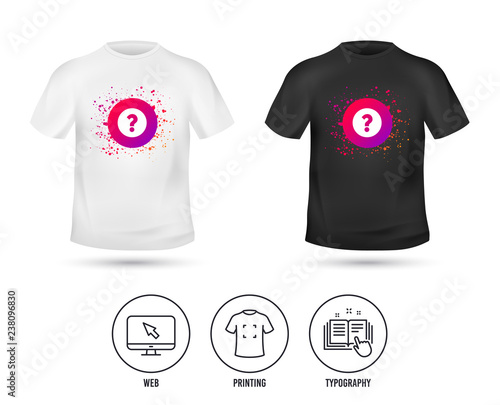 T-shirt mock up template. Question mark sign icon. Help symbol. FAQ sign. Realistic shirt mockup design. Printing, typography icon. Vector