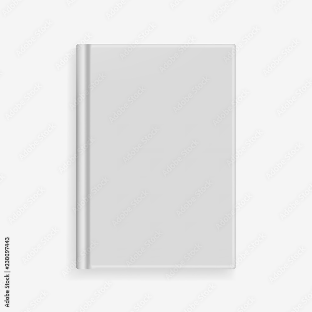 Rectangular vector blank gray realistic book cover mockup, closed organizer or notebook cover template with sheet of A4. Front view of elegant light grey notepad with binding mock up Rectangular vector blank gray realistic book cover mockup, closed organizer or notebook cover template with sheet of A4. Front view of elegant light grey notepad with binding mock up