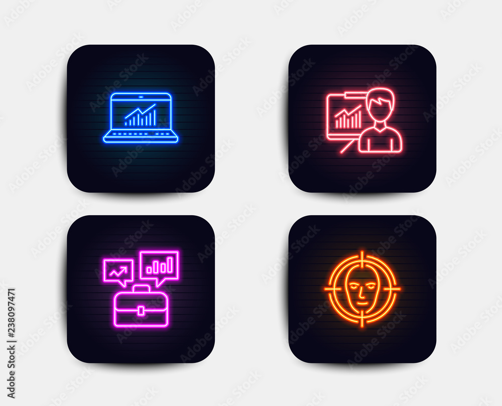 Neon glow lights. Set of Online statistics, Presentation and Business portfolio icons. Face detect sign. Computer data, Education board, Job interview. Select target. Neon icons. Vector Neon glow lights. Set of Online statistics, Presentation and Business portfolio icons. Face detect sign. Computer data, Education board, Job interview. Select target. Neon icons. Vector