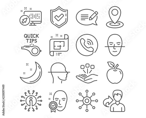 Set of Tutorials, Face scanning and Architectural plan icons. Location, Face verified and Consolidation signs. Message, Multichannel symbols. Quick tips, Faces detection, Technical project. Vector