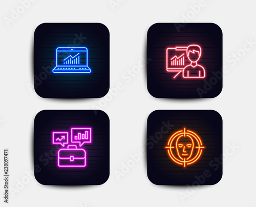 Neon glow lights. Set of Online statistics, Presentation and Business portfolio icons. Face detect sign. Computer data, Education board, Job interview. Select target. Neon icons. Vector
