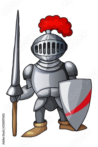 Cartoon medieval knight with shield and spear, isolated on white background
