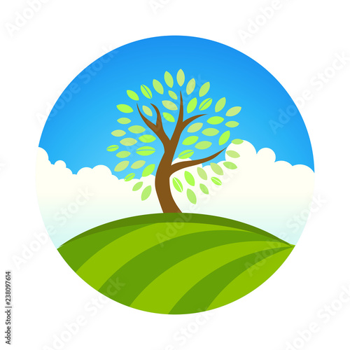 Logo with Landscape of eco garden or park  tree under blue sky. Vector illustration of natural fruit farm and harvest.