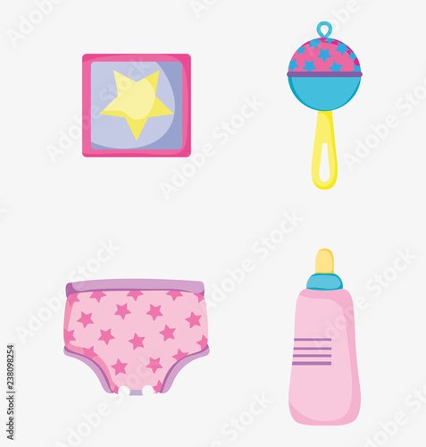 set picture with baby rattle and feeding bottle with diapper