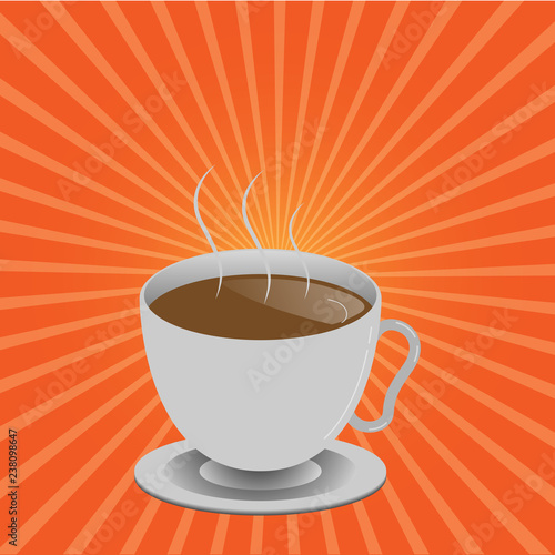 Flat design Vector Illustration Empty esp template copy text for Ad, promotion, poster, flyer, web banner, article. Levitating Cup of Hot Steaming Drink with Saucer Zero Gravity Dishware