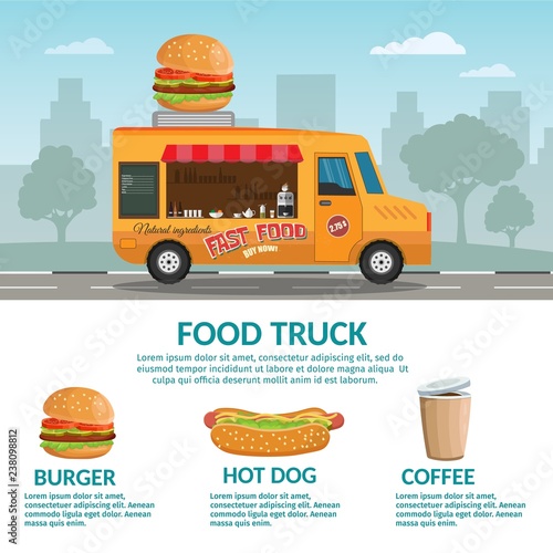 Food truck with hotdog, coffee, hamburger, vector street food background