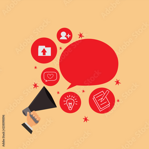 Flat design business Vector Illustration concept copy text for esp Web banners promotional material mock up template. Human Hand Holding Megaphone Talking Different Topic and Speech Bubble