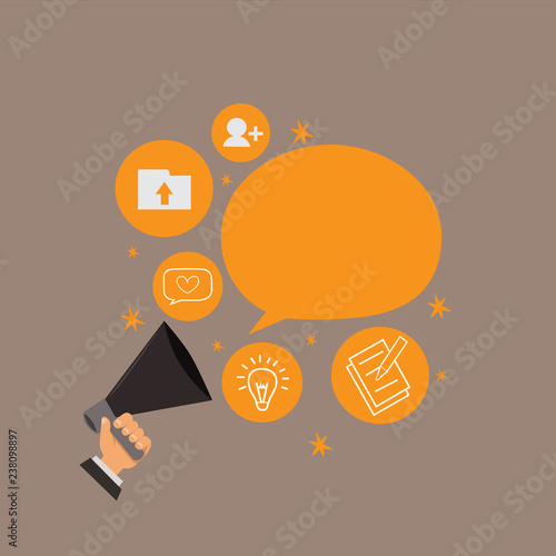 Flat design business Vector Illustration Empty copy space for Ad website promotion esp isolated Banner template. Human Hand Holding Megaphone Talking Different Topic and Speech Bubble