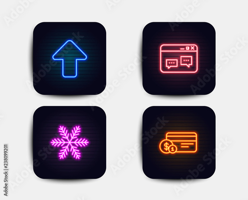 Neon glow lights. Set of Browser window, Upload and Snowflake icons. Payment method sign. Website chat, Load arrowhead, Air conditioning. Cash or non-cash payment. Neon icons. Glowing light banners