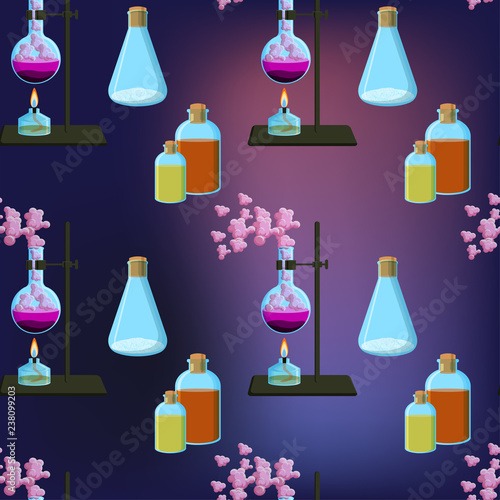 Colorful chemistry scientific seamless pattern with chemical equipment, reagents and reactions.