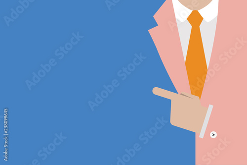 Flat design business Vector Illustration Empty template esp isolated Minimalist graphic layout template for advertising. Man in Suit Presenting and Pointing Left Hand Index Finger on a Blank Board