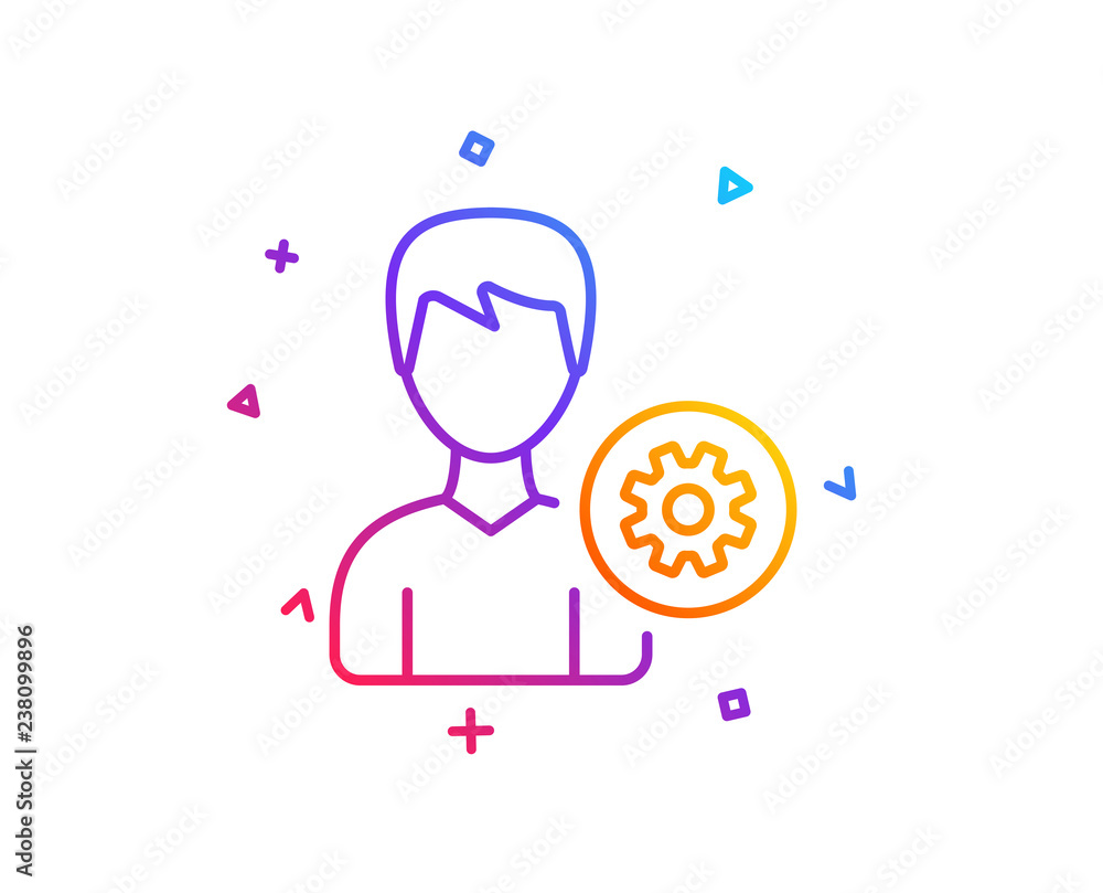 User settings line icon. Profile Avatar with cogwheel sign. Male Person silhouette symbol. Gradient line button. Support icon design. Colorful geometric shapes. Vector User settings line icon. Profile Avatar with cogwheel sign. Male Person silhouette symbol. Gradient line button. Support icon design. Colorful geometric shapes. Vector