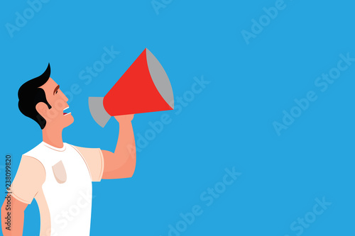 Flat design Vector Illustration Empty esp template copy text for Ad, promotion, poster, flyer, web banner, article. Man in Shirt Standing Talking Holding a Megaphone Male Calling Out onto