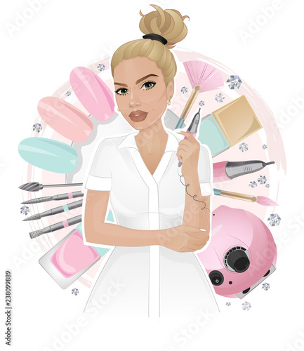 Nail master with instruments on elements background