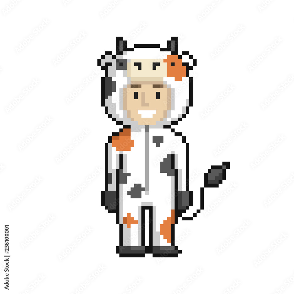 Сute cartoon kid in cow costume. Pixel art on white background. Vector illustration.