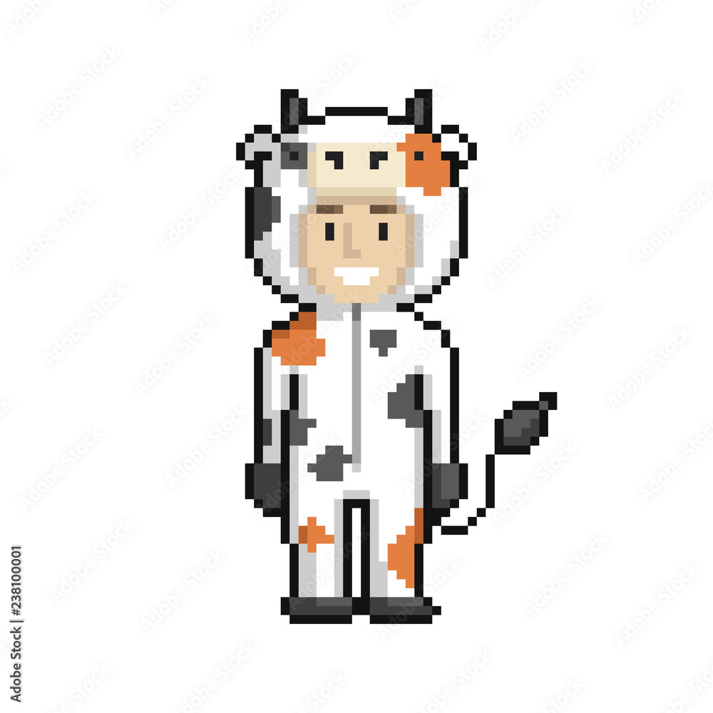 Сute cartoon kid in cow costume. Pixel art on white background. Vector illustration. Сute cartoon kid in cow costume. Pixel art on white background. Vector illustration.
