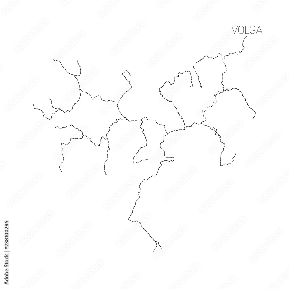 Map of Volga river drainage basin. Simple thin outline vector illustration.