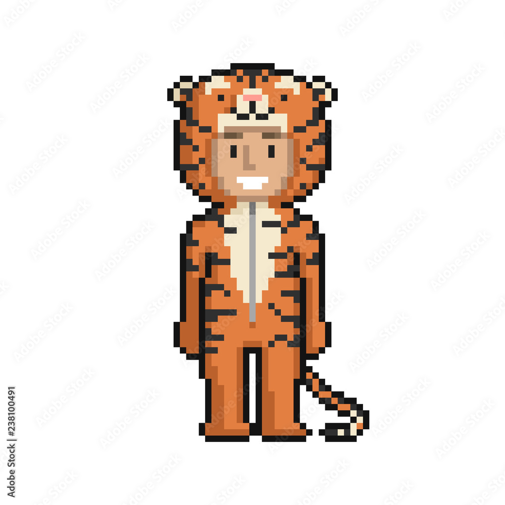 Сute cartoon kid in tiger costume. Pixel art on white background. Vector illustration.