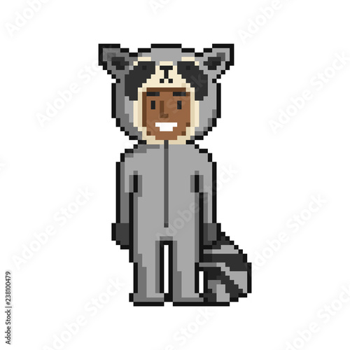 Сute cartoon kid in raccoon costume. Pixel art on white background. Vector illustration.