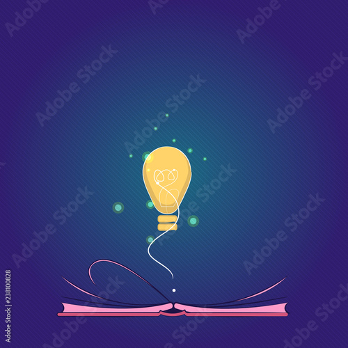 Flat design business Vector Illustration Empty copy space for Ad website promotion esp isolated Banner template. Illuminated Bulb Glow with Filament Hovering Over Open Pages Flipping Book