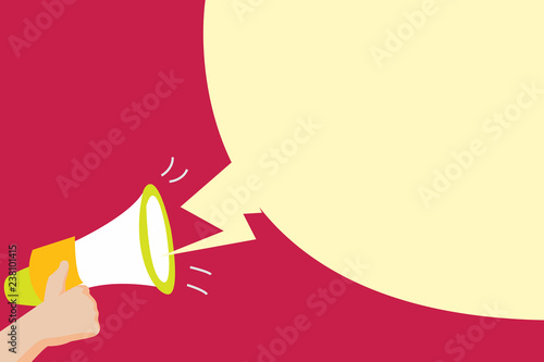 Flat design business Vector Illustration Empty template esp isolated Minimalist graphic layout template for advertising. Human Hand Holding Megaphone with Sound Effect and Blank Broadcast Bubble
