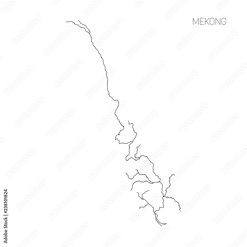 Map of Mekong river drainage basin. Simple thin outline vector illustration.