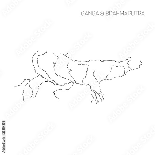 Map of Ganga and Brahmaputra rivers drainage basin. Simple thin outline vector illustration.