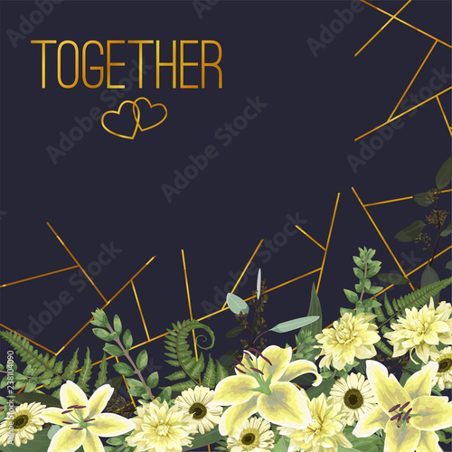 Wedding floral invitation, invite card. Vector watercolor , green forest leaf, fern, branches, buxus, eucalyptus. Flowers of white lily, gerbera, dahlia. Text decorating