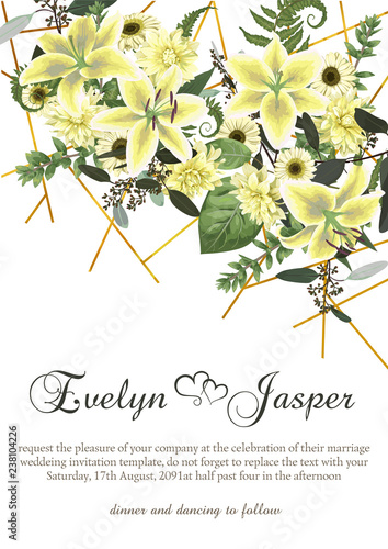 Wedding floral invitation, invite card vertical. Vector watercolor , green forest leaf, fern, branches, buxus, eucalyptus. Flowers of white lily, gerbera, dahlia. Text decorating