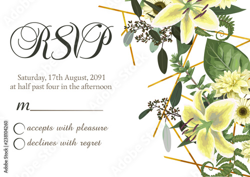 Wedding floral invitation, invite card, rsvp. Vector watercolor , green forest leaf, fern, branches, buxus, eucalyptus. Flowers of white lily, gerbera, dahlia. Horizontal text on white background