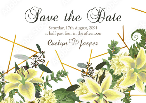 Wedding floral invitation, invite card. Vector watercolor , green forest leaf, fern, branches, buxus, eucalyptus. Flowers of white lily, gerbera, dahlia. Horizontal text on white background