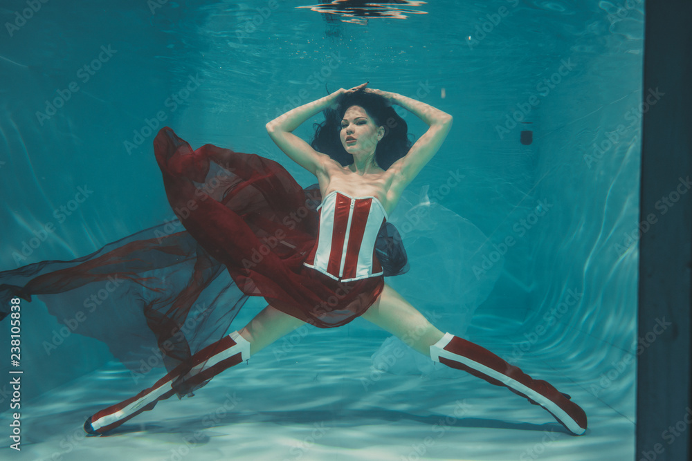 Beautiful Sexy Girl Swimming Underwater In Sporty Style Red And White Fetish Corset And Over 6485